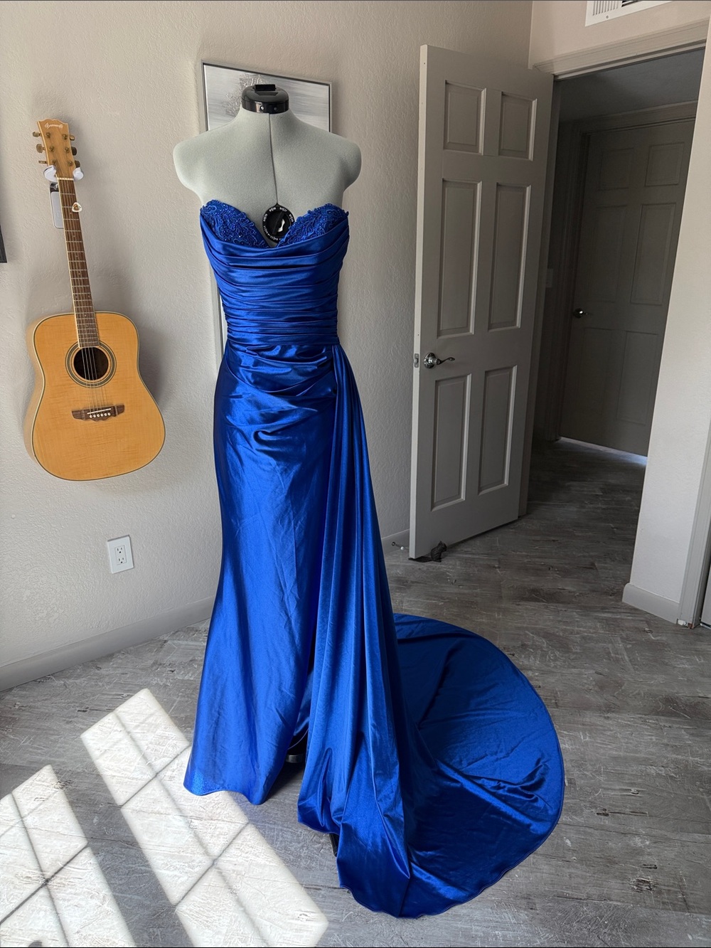 Strapless Royal Blue Sherri Hill Gown with Draped Train